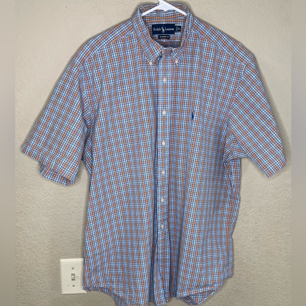 Ralph Lauren Shirt Mens XL Orange Blue Black White Plaid Pony Button Up Casual